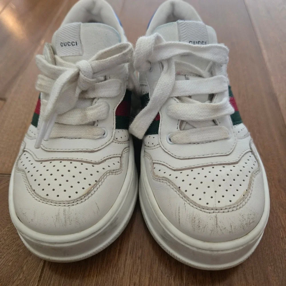 Gucci Kids Web Detail Leather Sneakers White Red Green Stripe Blue 26 US 9.5